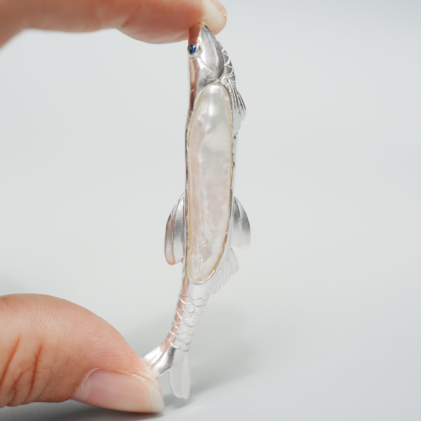 925 Silver Fish Brooch Pendant | Handmade Pearl Jewelry | Sapphire Eye Totem Gift for Her | Symbol of Resilience