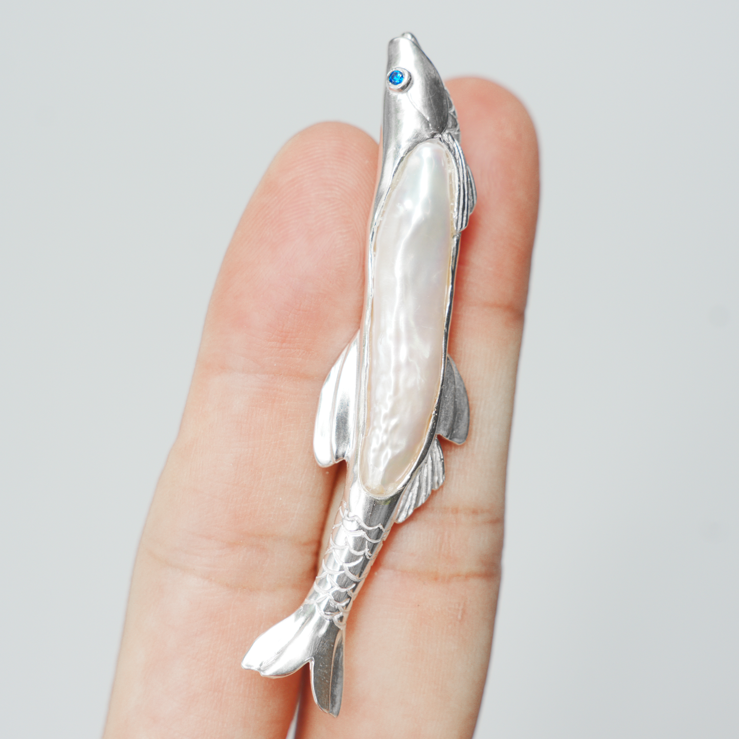 925 Silver Fish Brooch Pendant | Handmade Pearl Jewelry | Sapphire Eye Totem Gift for Her | Symbol of Resilience