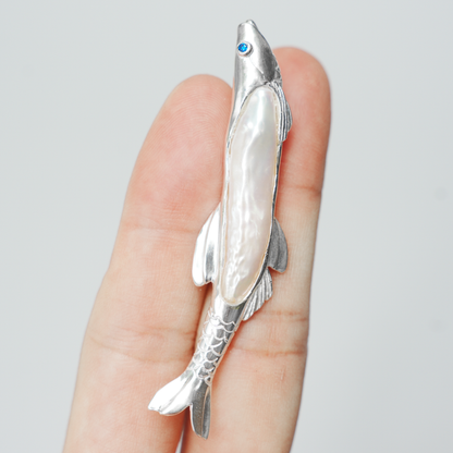 925 Silver Fish Brooch Pendant | Handmade Pearl Jewelry | Sapphire Eye Totem Gift for Her | Symbol of Resilience