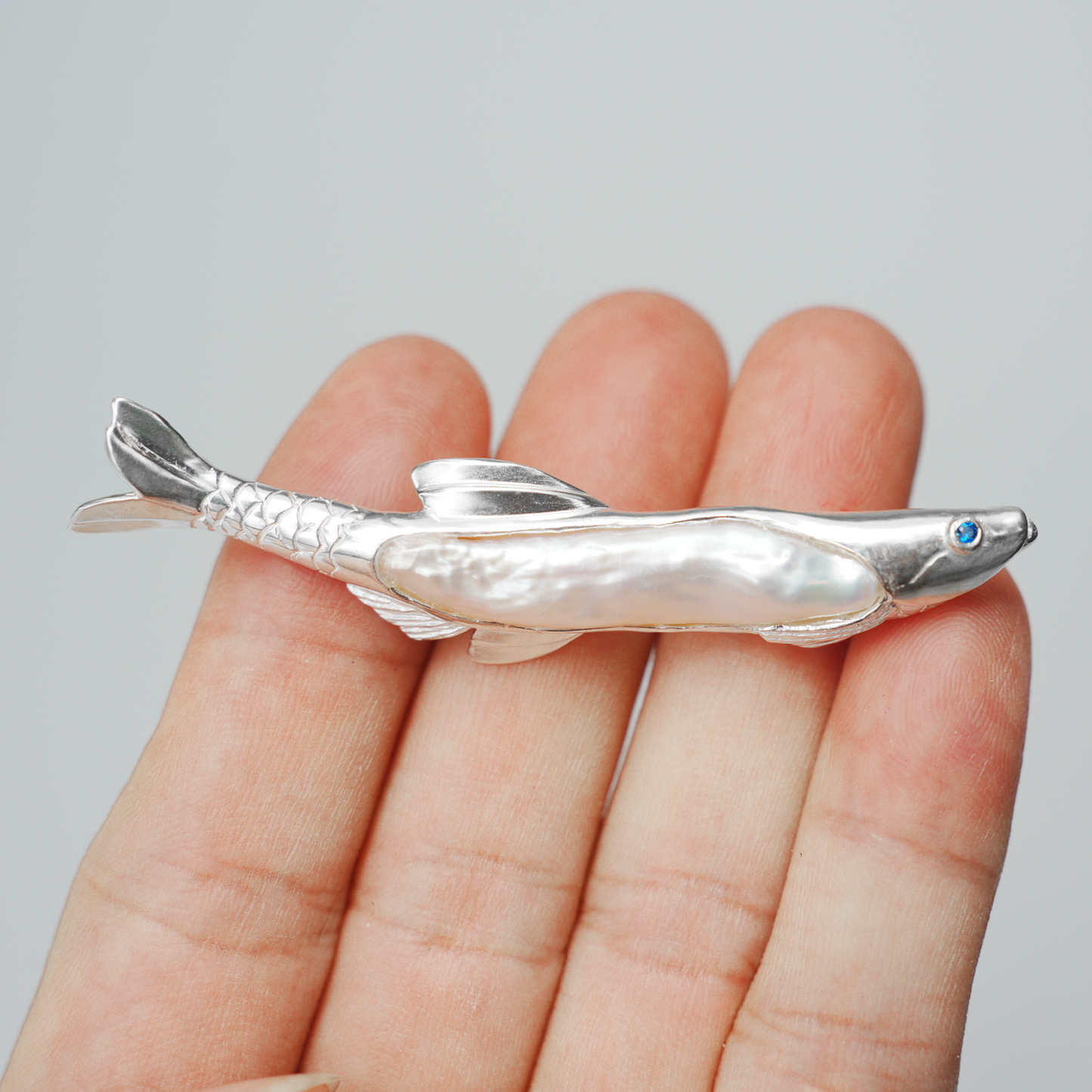 925 Silver Fish Brooch Pendant | Handmade Pearl Jewelry | Sapphire Eye Totem Gift for Her | Symbol of Resilience