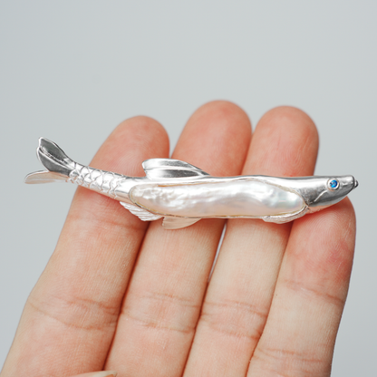 925 Silver Fish Brooch Pendant | Handmade Pearl Jewelry | Sapphire Eye Totem Gift for Her | Symbol of Resilience