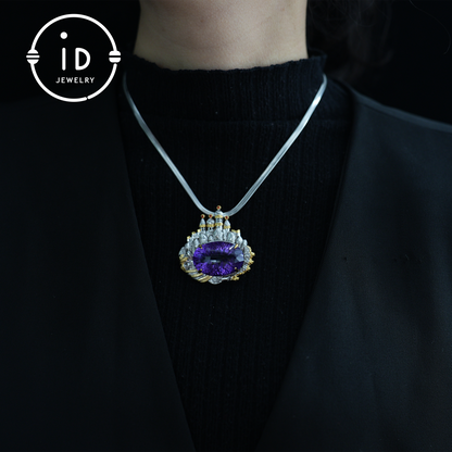 Royal Amethyst Brooch| Vintage Statement Jewelry| Handmade Gemstone Pendant| Gold-Plated Brooch| Elegant Gift for Women