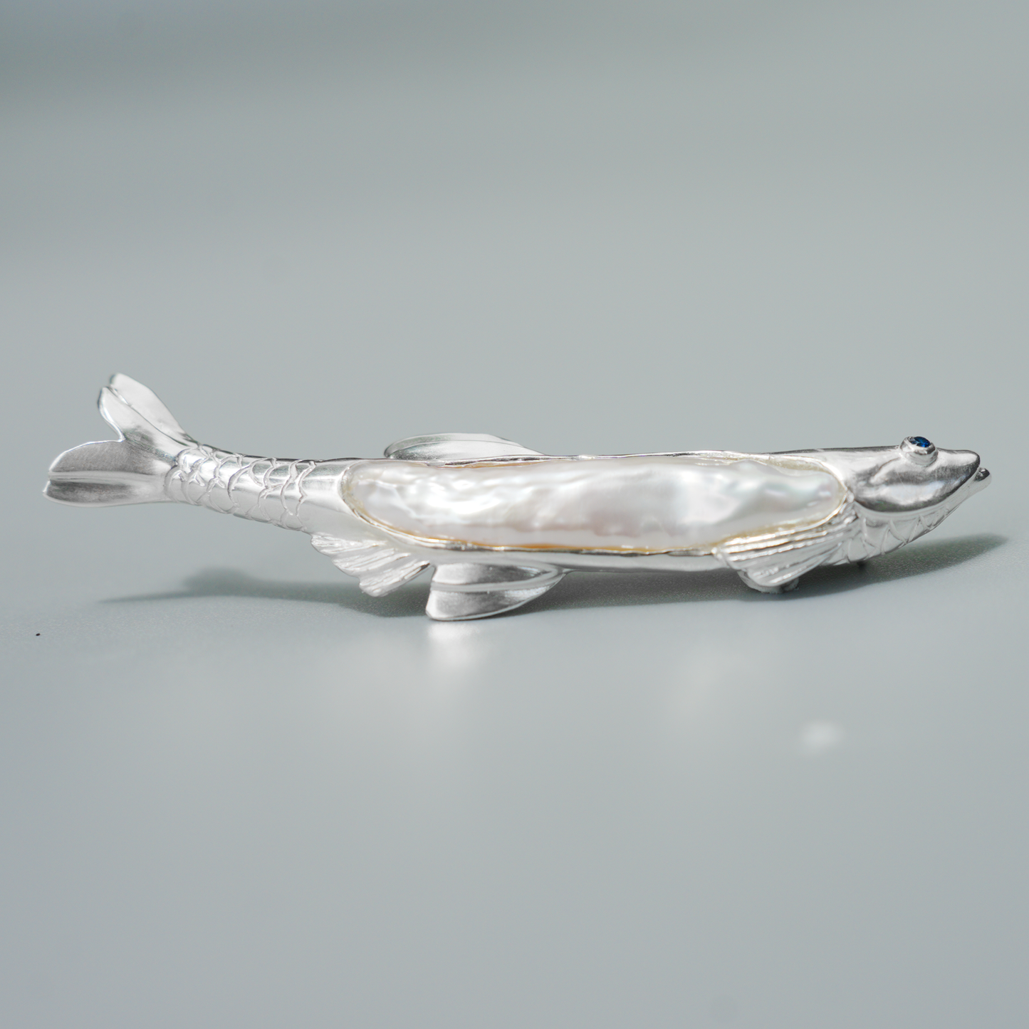 925 Silver Fish Brooch Pendant | Handmade Pearl Jewelry | Sapphire Eye Totem Gift for Her | Symbol of Resilience