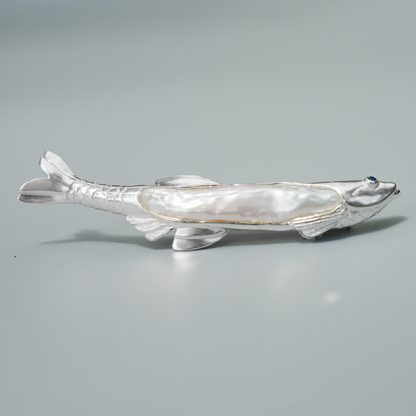 925 Silver Fish Brooch Pendant | Handmade Pearl Jewelry | Sapphire Eye Totem Gift for Her | Symbol of Resilience