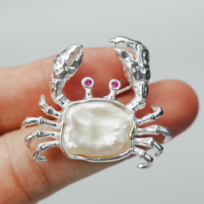 925 Silver Crab Brooch Pendant | Baroque Pearl Jewelry | Handmade Ocean Gift for Her | Nature-Inspired Design