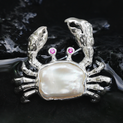 925 Silver Crab Brooch Pendant | Baroque Pearl Jewelry | Handmade Ocean Gift for Her | Nature-Inspired Design
