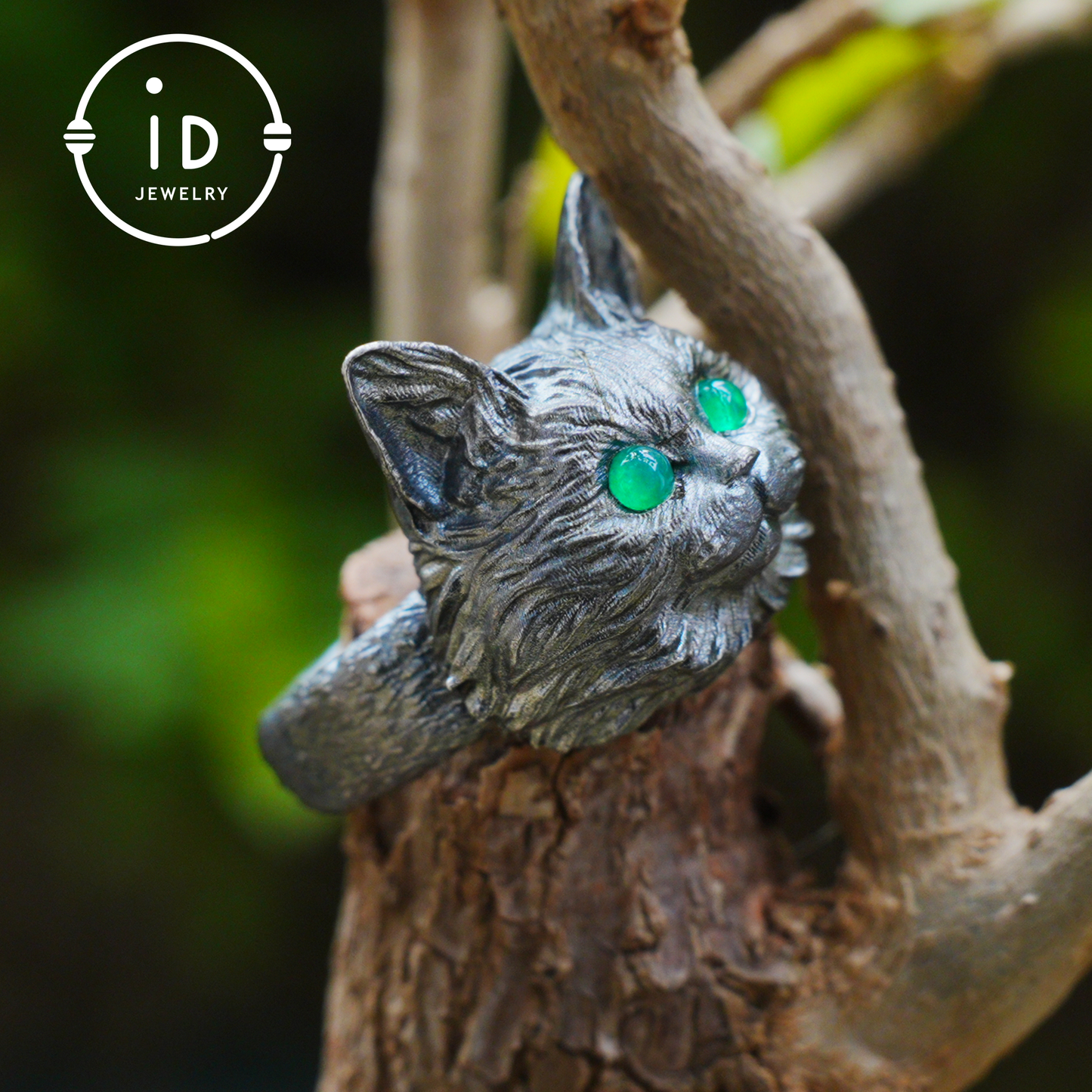 Cat Ring with Green Chalcedony – 925 Sterling Silver Jewelry in Gothic Style, Statement Ring for Women, Forest Animal Gift