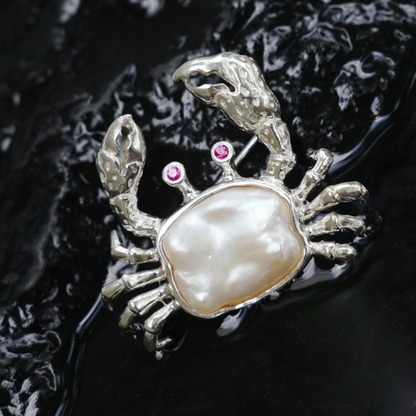 925 Silver Crab Brooch Pendant | Baroque Pearl Jewelry | Handmade Ocean Gift for Her | Nature-Inspired Design