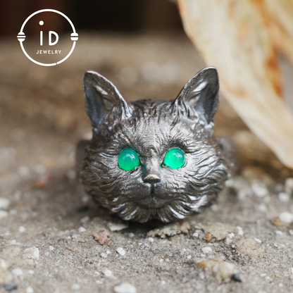 Cat Ring with Green Chalcedony – 925 Sterling Silver Jewelry in Gothic Style, Statement Ring for Women, Forest Animal Gift