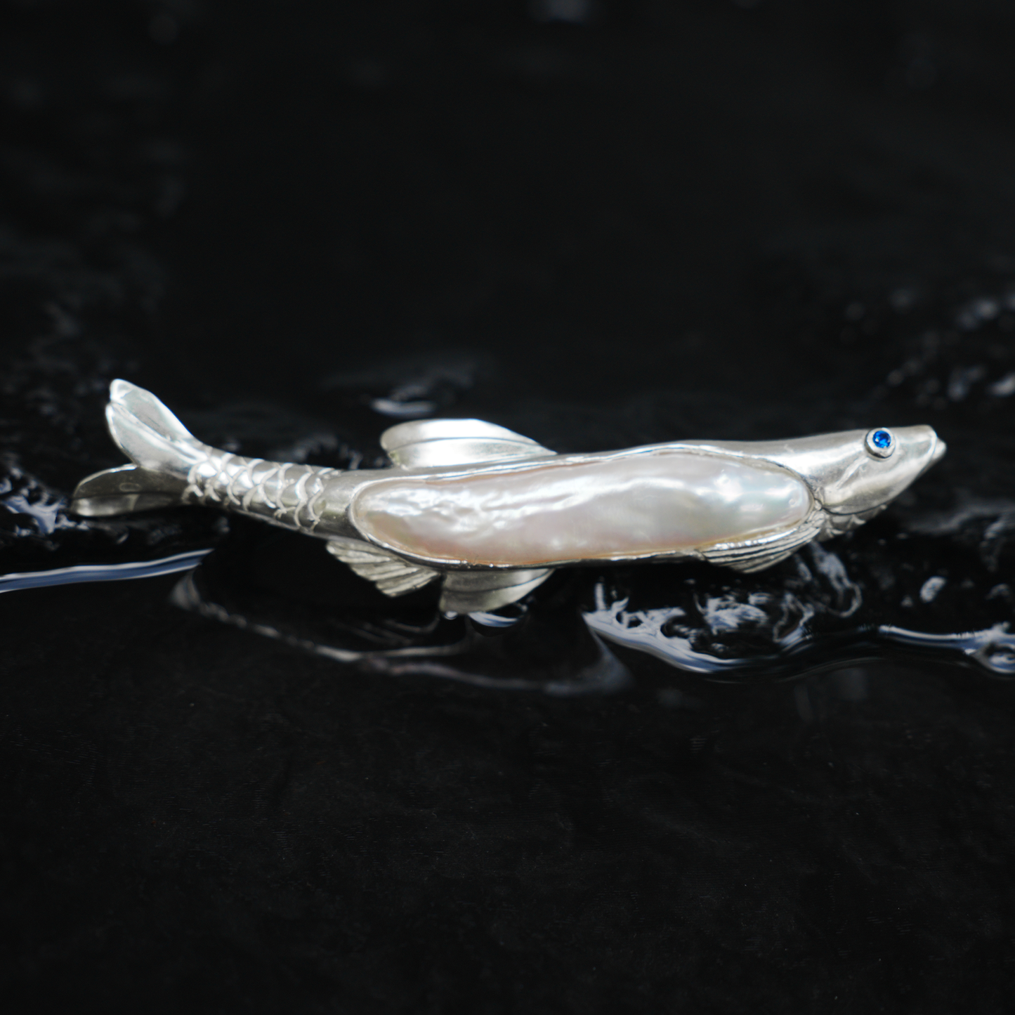 925 Silver Fish Brooch Pendant | Handmade Pearl Jewelry | Sapphire Eye Totem Gift for Her | Symbol of Resilience