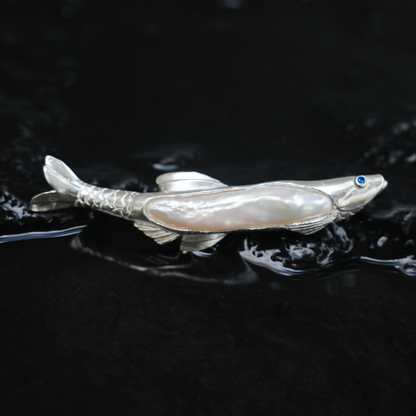 925 Silver Fish Brooch Pendant | Handmade Pearl Jewelry | Sapphire Eye Totem Gift for Her | Symbol of Resilience