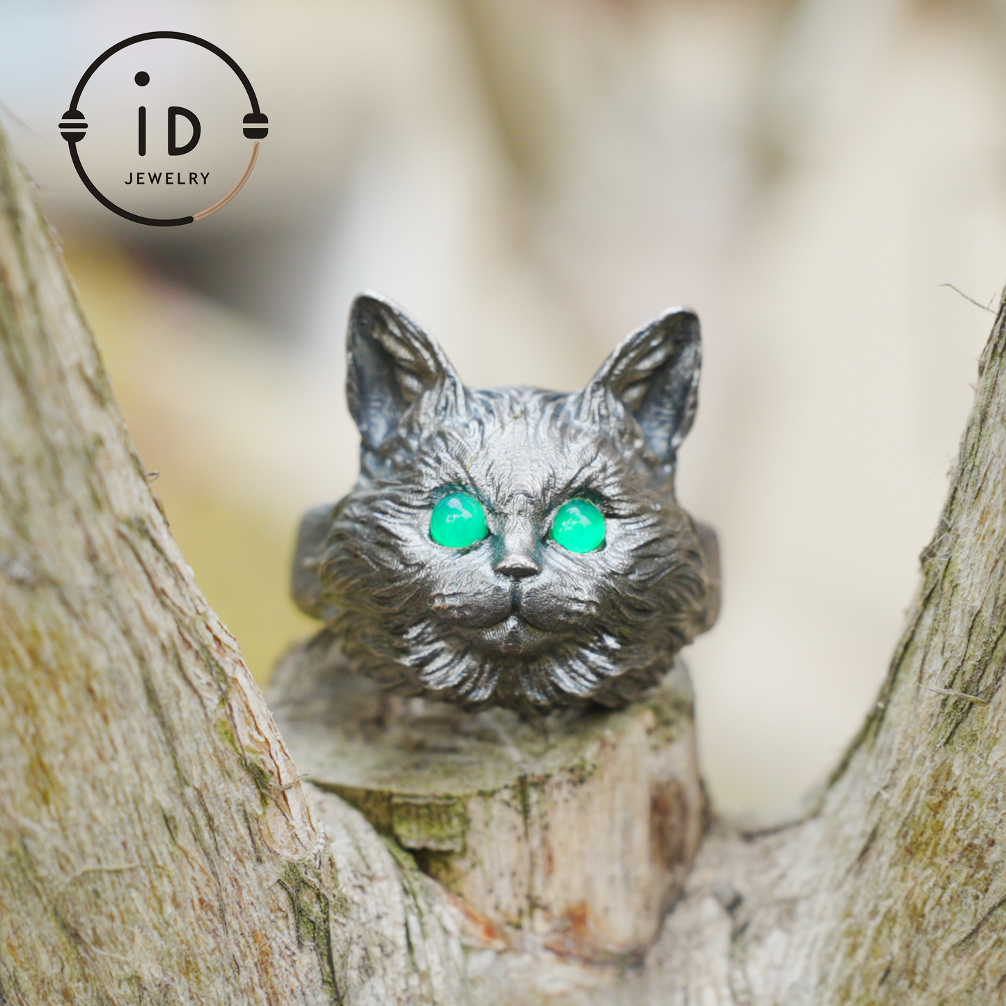Cat Ring with Green Chalcedony – 925 Sterling Silver Jewelry in Gothic Style, Statement Ring for Women, Forest Animal Gift