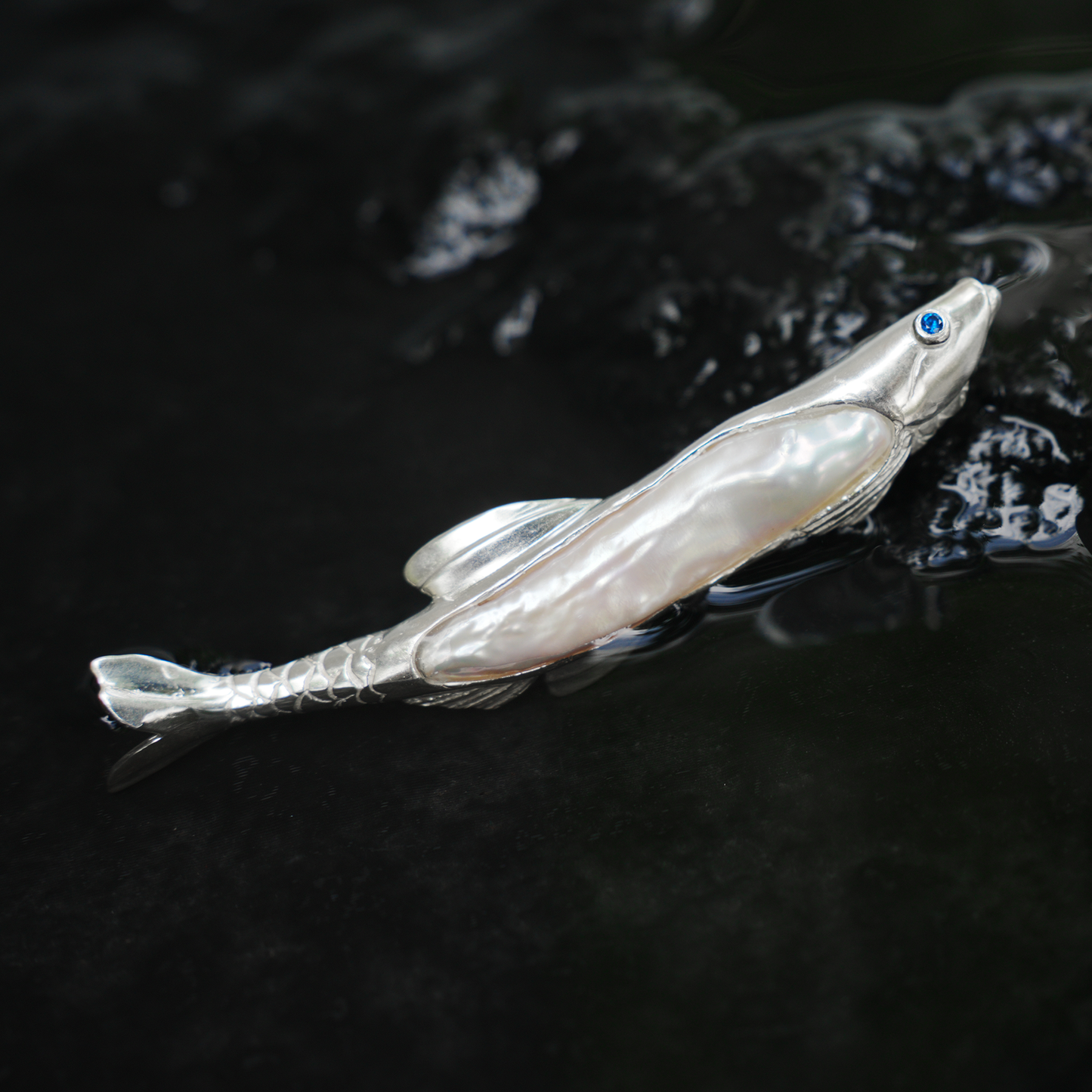 925 Silver Fish Brooch Pendant | Handmade Pearl Jewelry | Sapphire Eye Totem Gift for Her | Symbol of Resilience