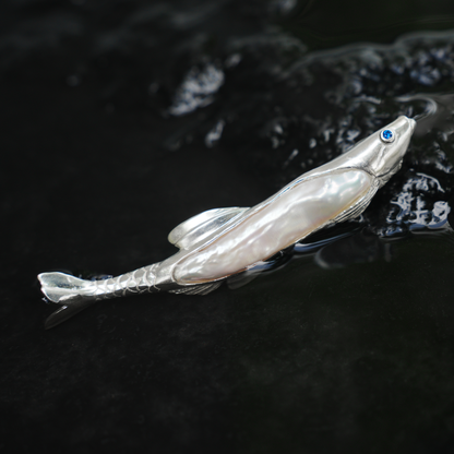925 Silver Fish Brooch Pendant | Handmade Pearl Jewelry | Sapphire Eye Totem Gift for Her | Symbol of Resilience