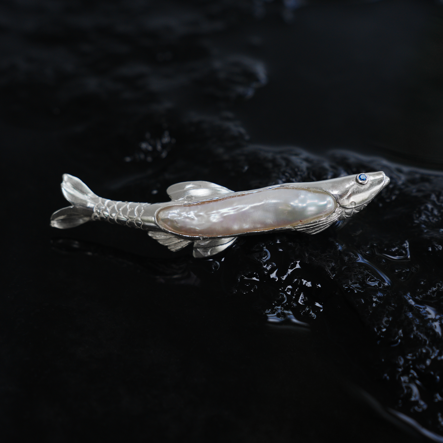 925 Silver Fish Brooch Pendant | Handmade Pearl Jewelry | Sapphire Eye Totem Gift for Her | Symbol of Resilience