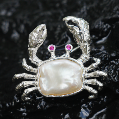 925 Silver Crab Brooch Pendant | Baroque Pearl Jewelry | Handmade Ocean Gift for Her | Nature-Inspired Design