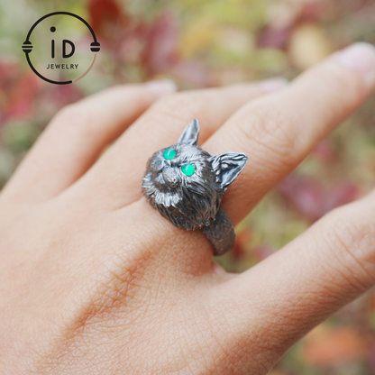 Cat Ring with Green Chalcedony – 925 Sterling Silver Jewelry in Gothic Style, Statement Ring for Women, Forest Animal Gift