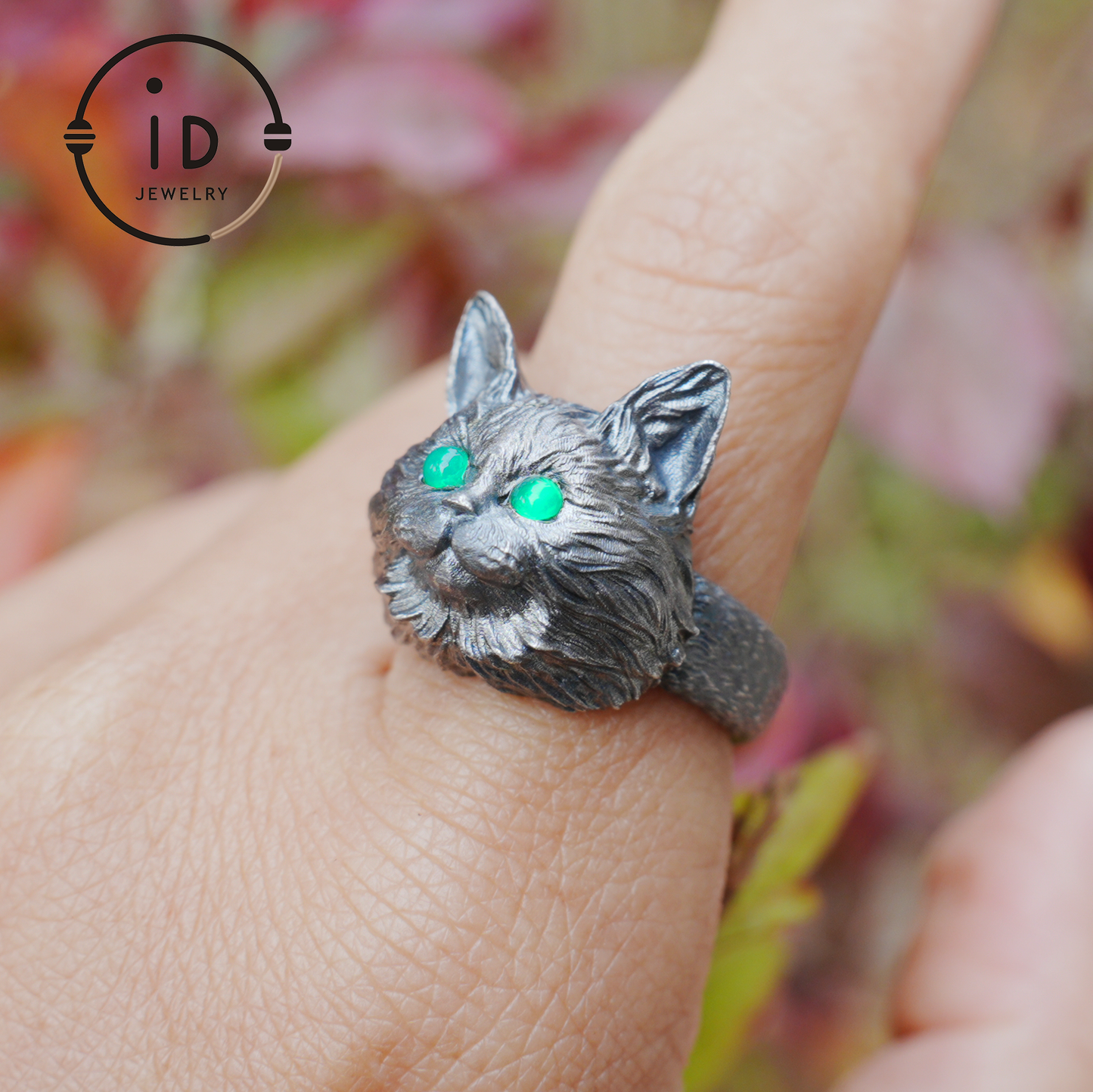 Cat Ring with Green Chalcedony – 925 Sterling Silver Jewelry in Gothic Style, Statement Ring for Women, Forest Animal Gift