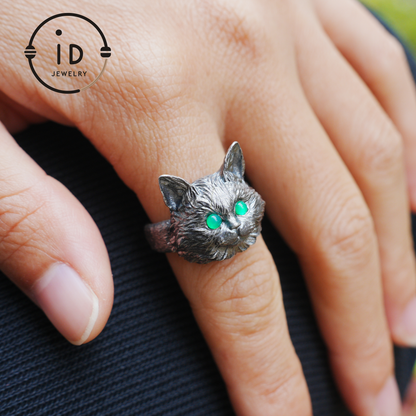 Cat Ring with Green Chalcedony – 925 Sterling Silver Jewelry in Gothic Style, Statement Ring for Women, Forest Animal Gift