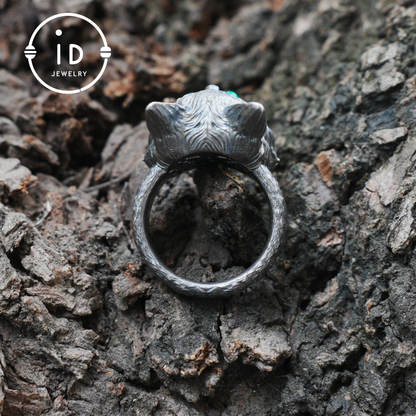 Cat Ring with Green Chalcedony – 925 Sterling Silver Jewelry in Gothic Style, Statement Ring for Women, Forest Animal Gift
