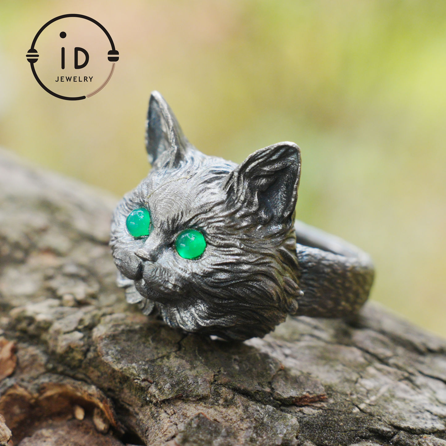 Cat Ring with Green Chalcedony – 925 Sterling Silver Jewelry in Gothic Style, Statement Ring for Women, Forest Animal Gift