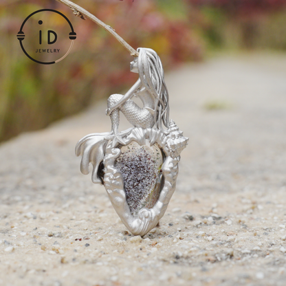 Mermaid Seashell Fossil Pendant, Handcrafted Ocean Goddess Amulet, Spiritual Protection Jewelry, Mythical Art Design, Siren Sea Gift