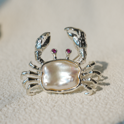 925 Silver Crab Brooch Pendant | Baroque Pearl Jewelry | Handmade Ocean Gift for Her | Nature-Inspired Design
