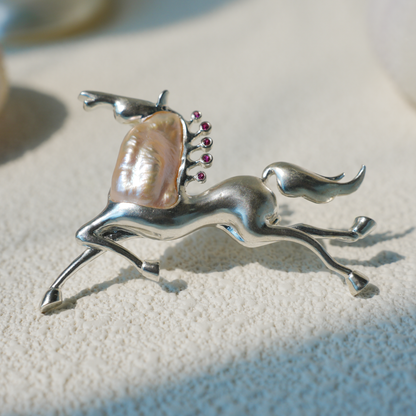 Sterling Silver Horse Pendant Brooch | Pearl & Ruby Totem Jewelry | Gift for Women of Strength