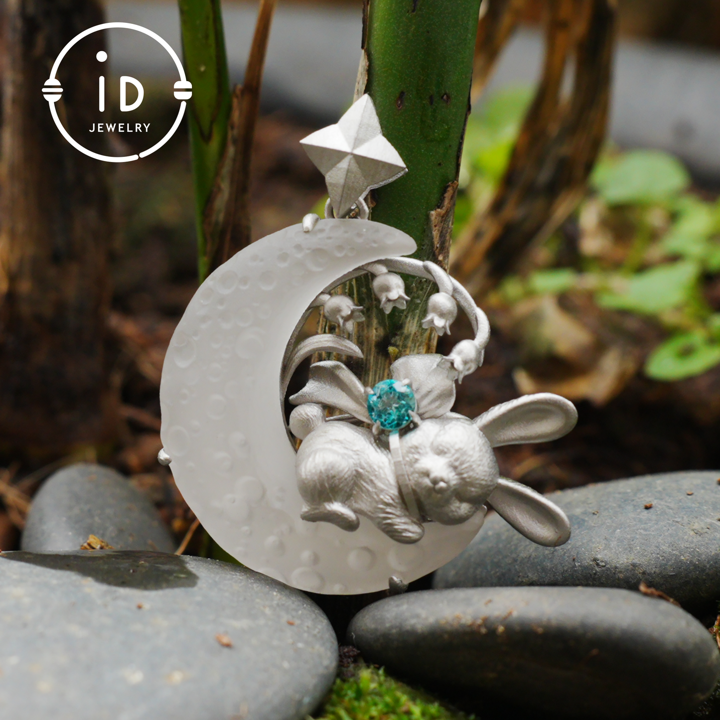 Blue Topaz Bunny and Moon Pendant in 925 Sterling Silver, Fairytale Animal Necklace for Women, Gift for Her Birthday or Mother's Day