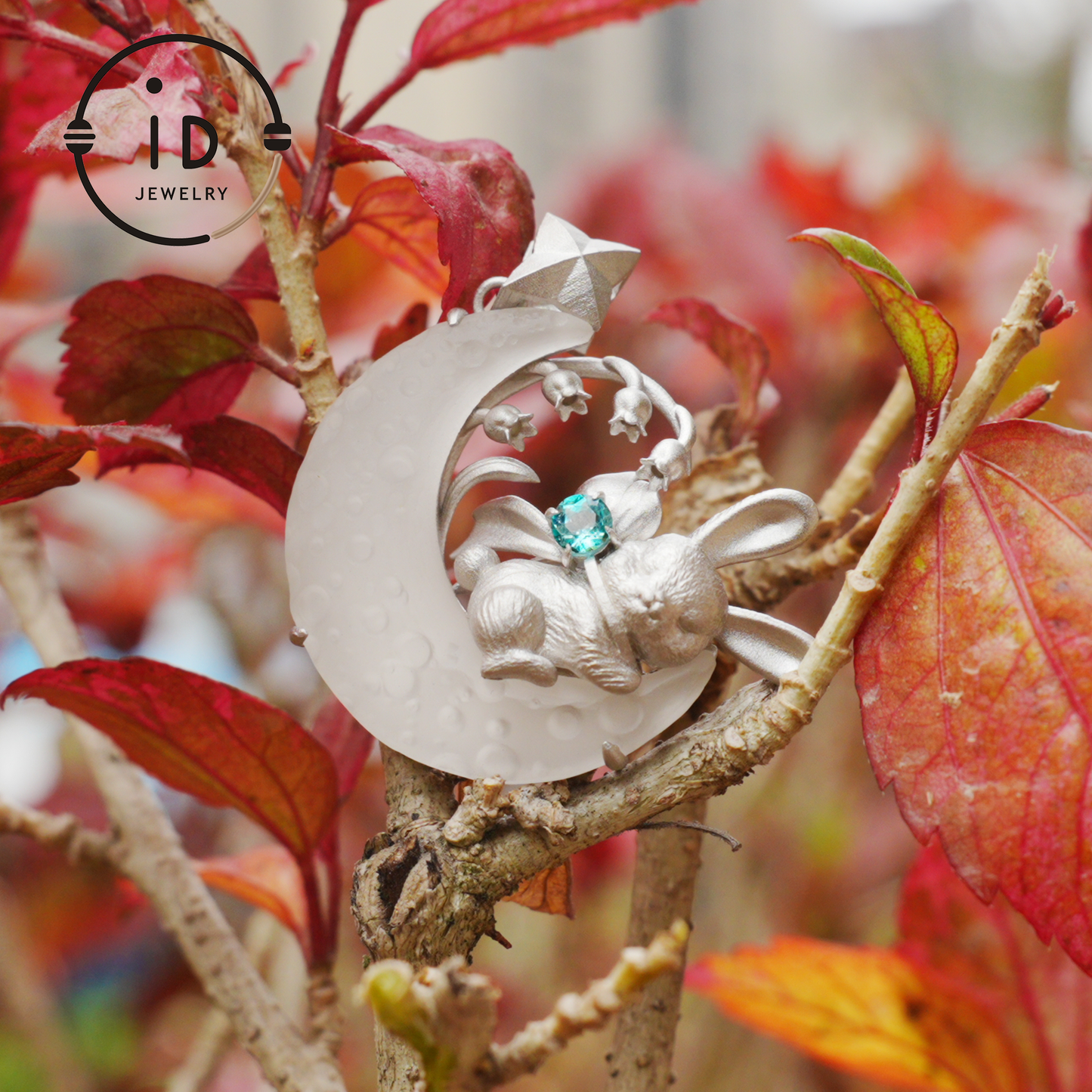 Blue Topaz Bunny and Moon Pendant in 925 Sterling Silver, Fairytale Animal Necklace for Women, Gift for Her Birthday or Mother's Day
