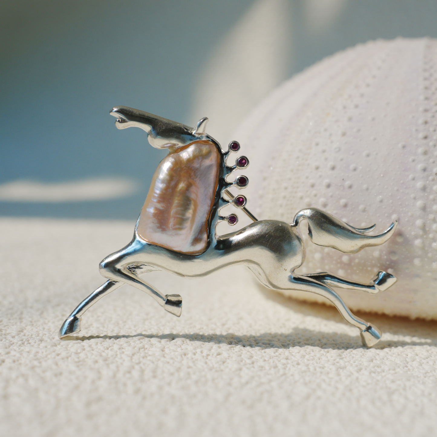 Sterling Silver Horse Pendant Brooch | Pearl & Ruby Totem Jewelry | Gift for Women of Strength