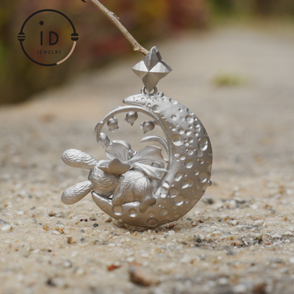 Blue Topaz Bunny and Moon Pendant in 925 Sterling Silver, Fairytale Animal Necklace for Women, Gift for Her Birthday or Mother's Day