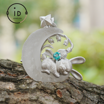 Blue Topaz Bunny and Moon Pendant in 925 Sterling Silver, Fairytale Animal Necklace for Women, Gift for Her Birthday or Mother's Day