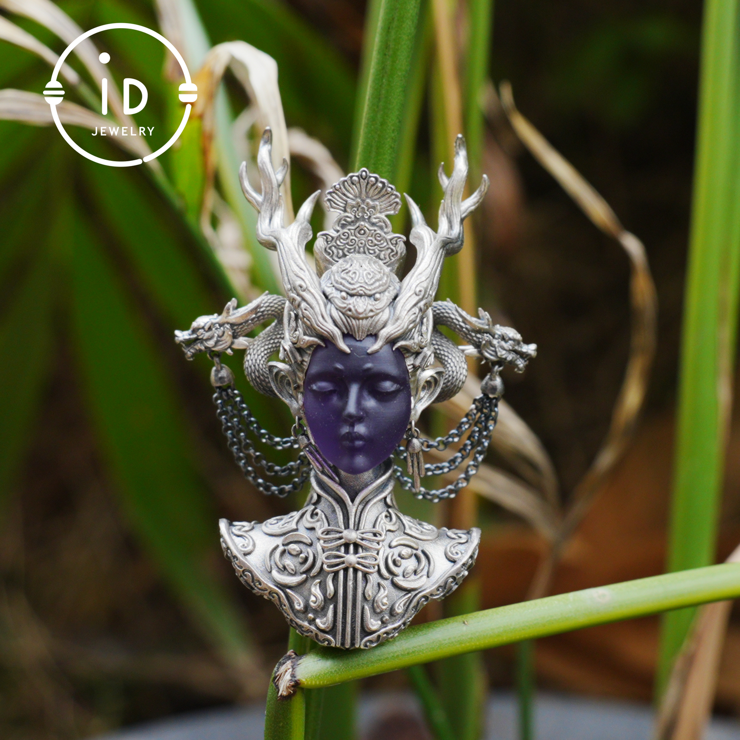 925 Sterling Silver Amethyst Pendant in Symbolic Totem Design, Handmade Gothic Oriental Jewelry, Meaningful Gift Necklace for Her