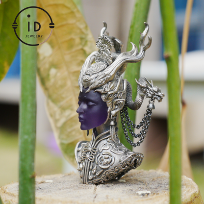 925 Sterling Silver Amethyst Pendant in Symbolic Totem Design, Handmade Gothic Oriental Jewelry, Meaningful Gift Necklace for Her