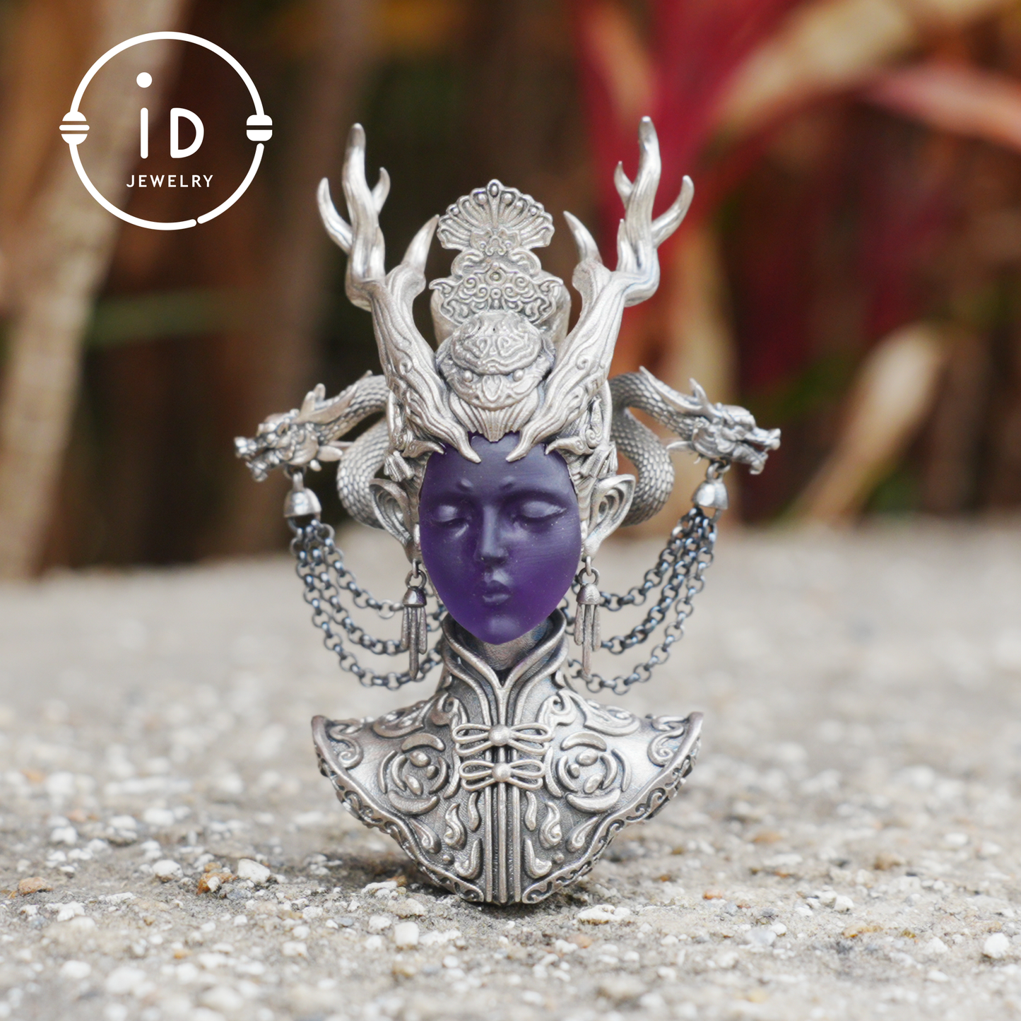 925 Sterling Silver Amethyst Pendant in Symbolic Totem Design, Handmade Gothic Oriental Jewelry, Meaningful Gift Necklace for Her