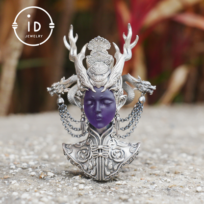 925 Sterling Silver Amethyst Pendant in Symbolic Totem Design, Handmade Gothic Oriental Jewelry, Meaningful Gift Necklace for Her