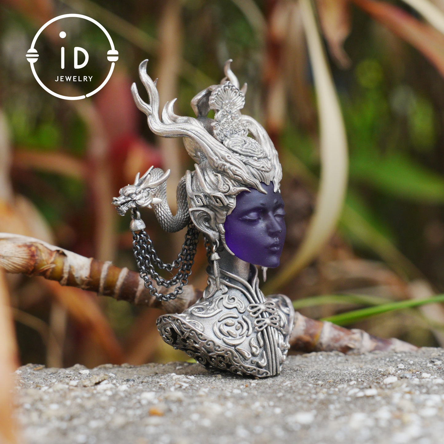 925 Sterling Silver Amethyst Pendant in Symbolic Totem Design, Handmade Gothic Oriental Jewelry, Meaningful Gift Necklace for Her