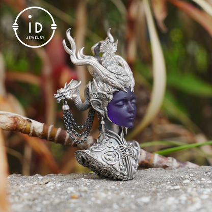 925 Sterling Silver Amethyst Pendant in Symbolic Totem Design, Handmade Gothic Oriental Jewelry, Meaningful Gift Necklace for Her
