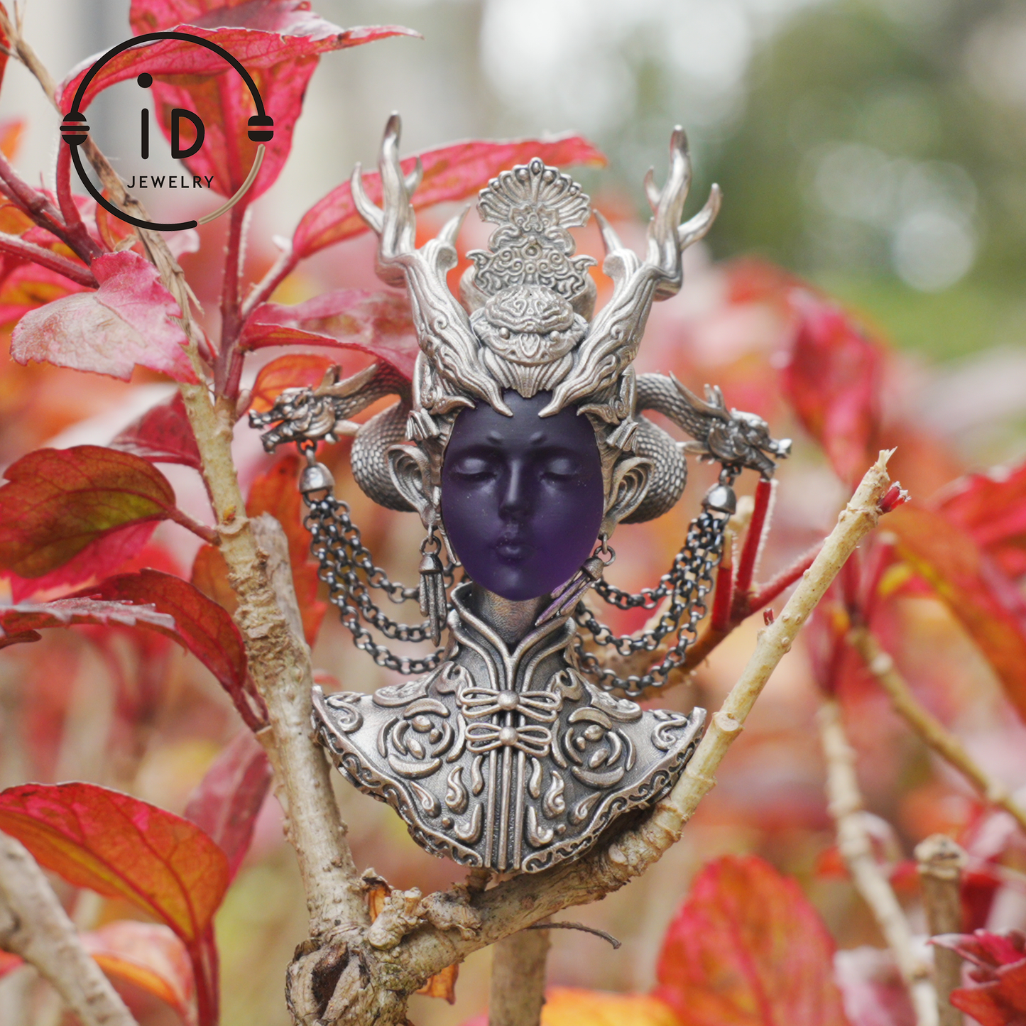 925 Sterling Silver Amethyst Pendant in Symbolic Totem Design, Handmade Gothic Oriental Jewelry, Meaningful Gift Necklace for Her