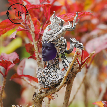 925 Sterling Silver Amethyst Pendant in Symbolic Totem Design, Handmade Gothic Oriental Jewelry, Meaningful Gift Necklace for Her