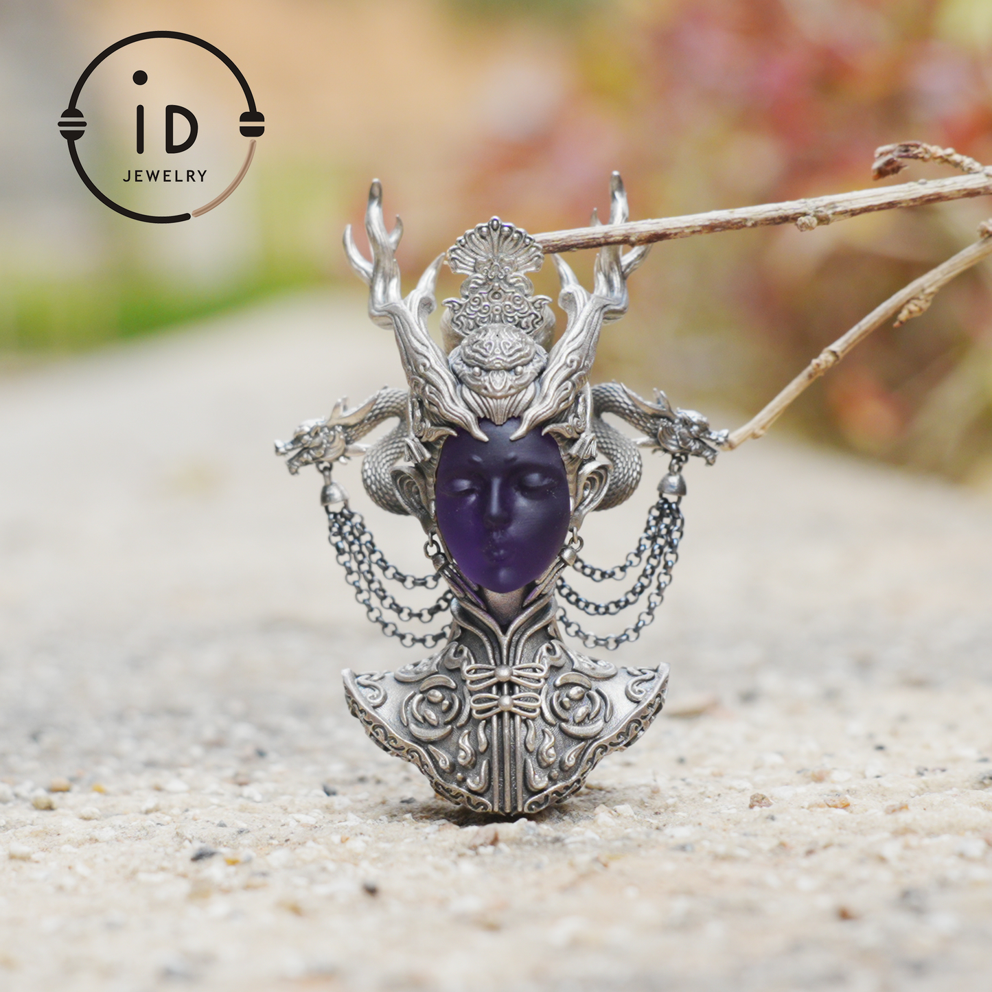 925 Sterling Silver Amethyst Pendant in Symbolic Totem Design, Handmade Gothic Oriental Jewelry, Meaningful Gift Necklace for Her