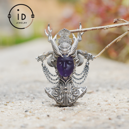 925 Sterling Silver Amethyst Pendant in Symbolic Totem Design, Handmade Gothic Oriental Jewelry, Meaningful Gift Necklace for Her