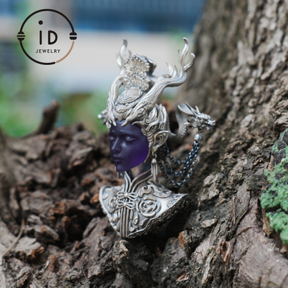 925 Sterling Silver Amethyst Pendant in Symbolic Totem Design, Handmade Gothic Oriental Jewelry, Meaningful Gift Necklace for Her