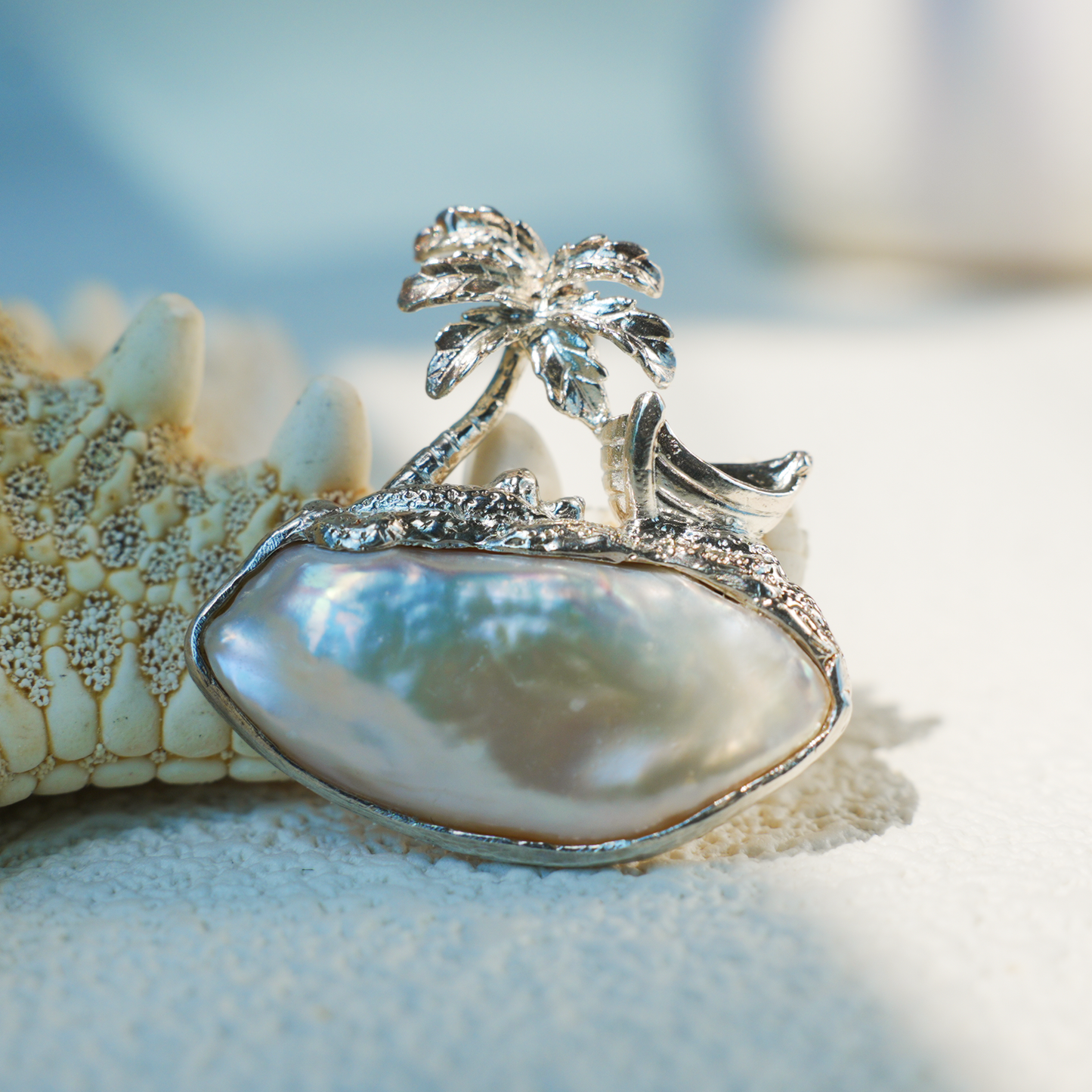 925 Silver Palm Island Pendant | Baroque Pearl Necklace | Summer Beach Gift for Her