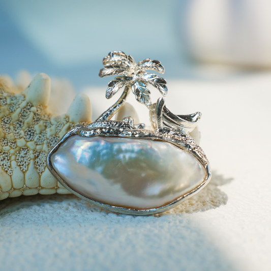 925 Silver Palm Island Pendant | Baroque Pearl Necklace | Summer Beach Gift for Her