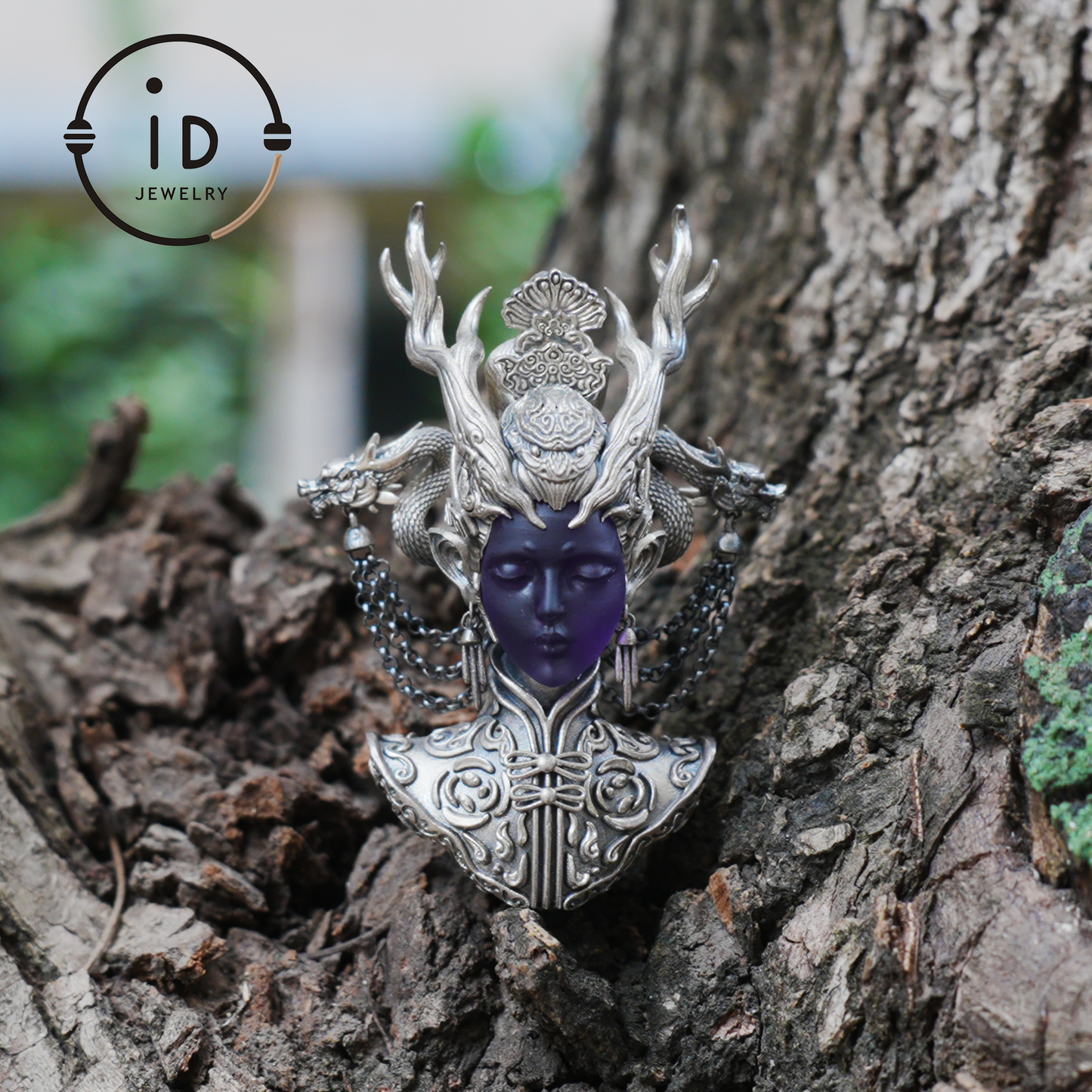 925 Sterling Silver Amethyst Pendant in Symbolic Totem Design, Handmade Gothic Oriental Jewelry, Meaningful Gift Necklace for Her