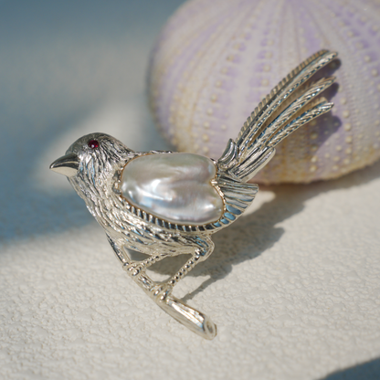 925 Silver Bird Pendant Brooch | Baroque Pearl Animal Jewelry | Gift for Her or Friend