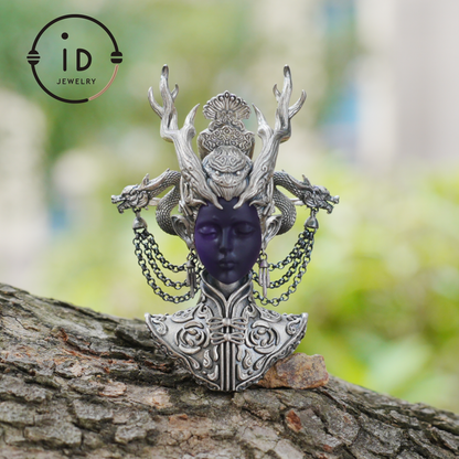 925 Sterling Silver Amethyst Pendant in Symbolic Totem Design, Handmade Gothic Oriental Jewelry, Meaningful Gift Necklace for Her