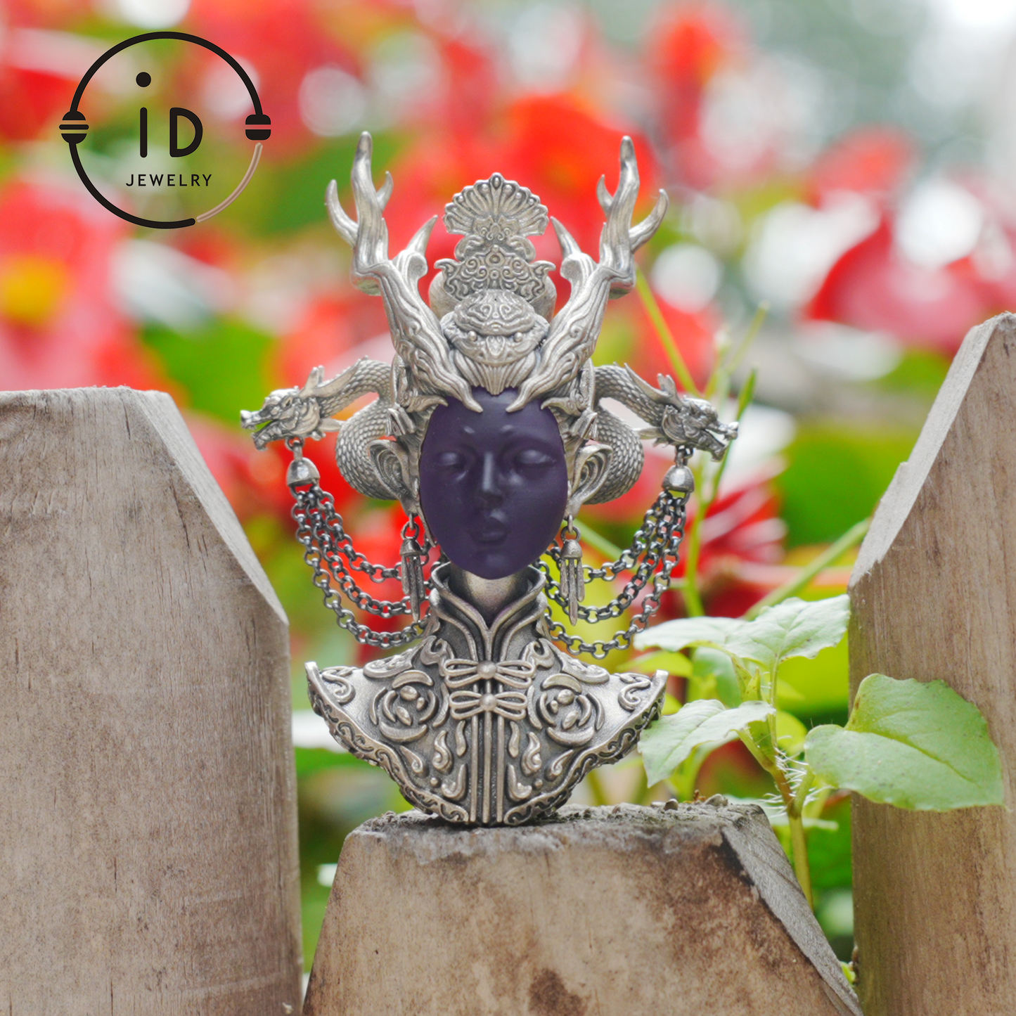 925 Sterling Silver Amethyst Pendant in Symbolic Totem Design, Handmade Gothic Oriental Jewelry, Meaningful Gift Necklace for Her